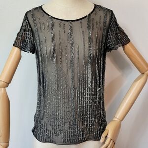 PARKER Black and Silver Sheer Beaded Top